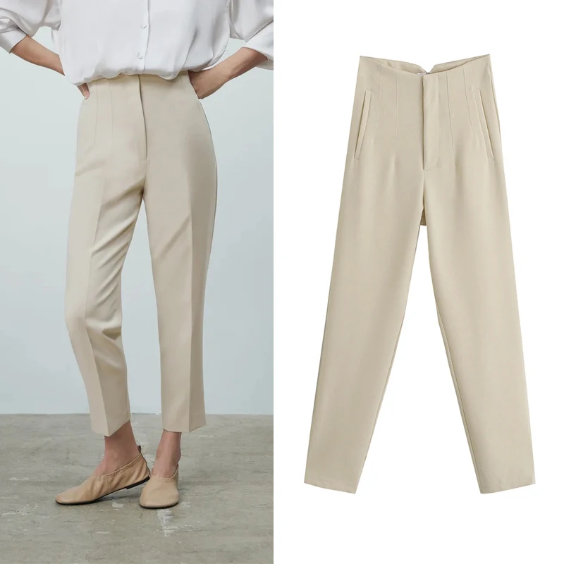 Venta caliente Za-pantalones de talle alto para mujer, pantalón de oficina a la moda, color Beige, elegante, con botones y cremallera, informales, color rosa, primavera 2021 VRM8ApKLyMy