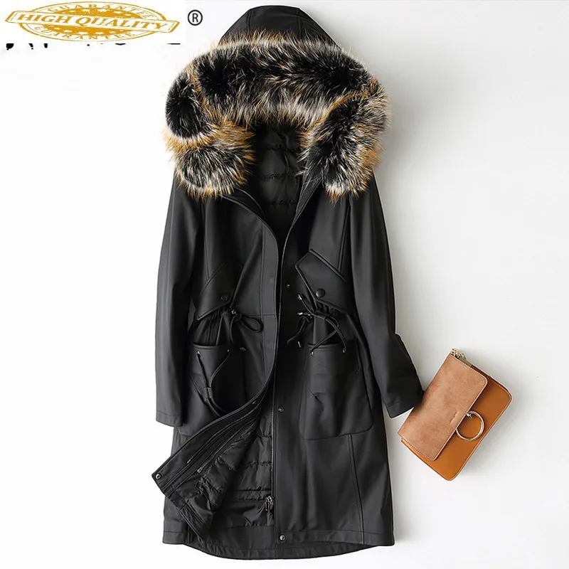 

Real Leather Jacket Women Clothes 2020 Winter Sheepskin Coat Long Genuine Leather Down Jacket Raccoon Fur Collar X-38-1