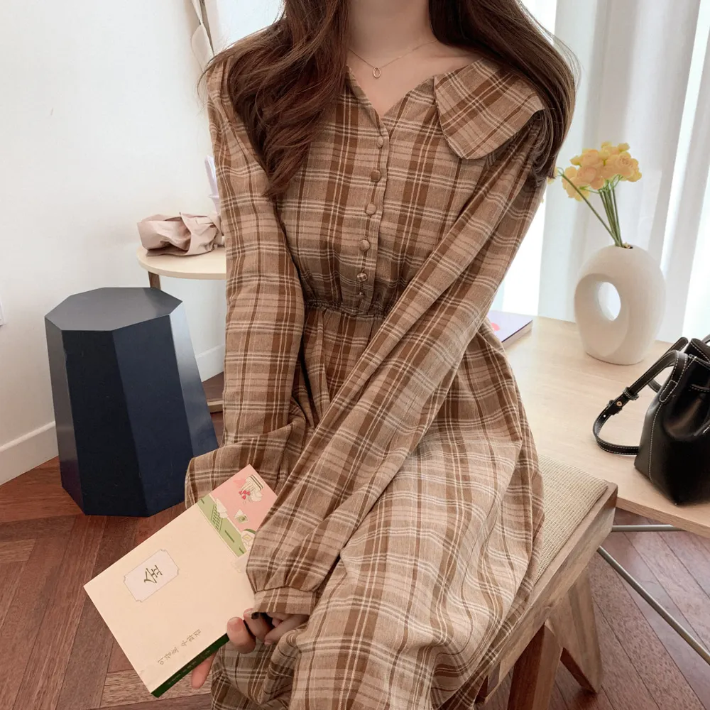 S XL размера плюс новое весеннее платье для девочек Boho хлопковое женское винтажное платье в клетку с длинным рукавом Женские платья длинное платье Vestido