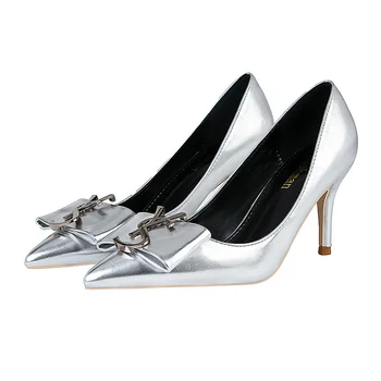 

Women Luxury Brand Design Pumps 7cm High Heels Sexy Scarpins Office Lady Party Wedding Prom Platform Low Heels Silver Prom Shoes