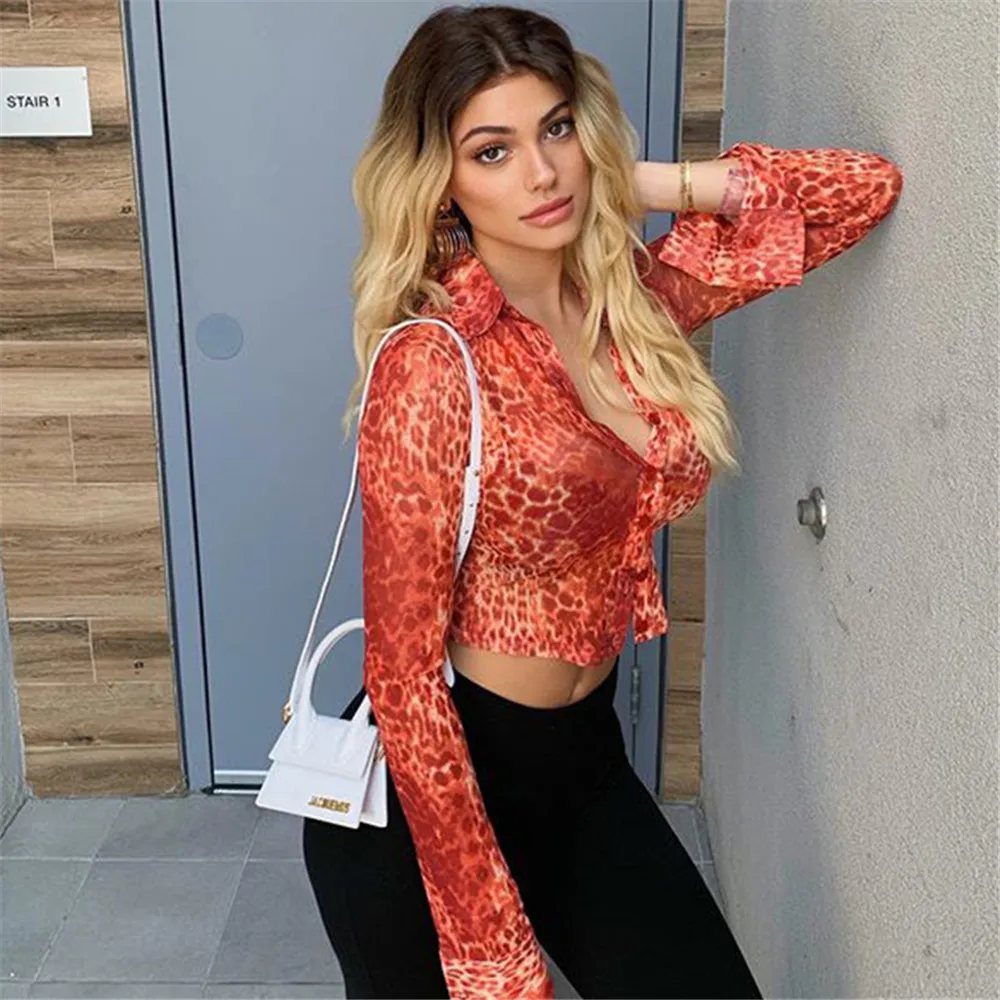 

Women Personality Leopard Crop Top Casual Shirts Sexy Long Sleeve Single-Breasted Buttons Blouses Ladies Female Clothes Spring