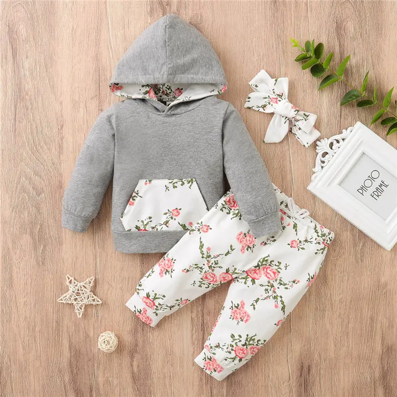 

3 Pcs Baby Autumn Outfits, Long-Sleeves Hoodie Top + Floral Print Pants + Bowknot Hairband Suit for Toddler Girls, 3-24 Months