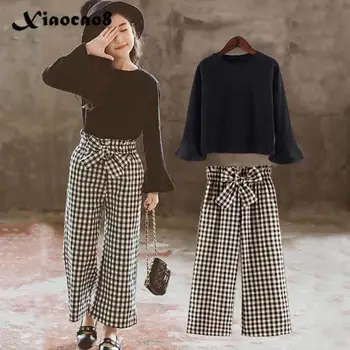 

3-14Years Girls Clothes Sets Long Sleeve Tops Shirts + Plaid Wide Leg Pants Girls Cute Big Bow Outfits Toddler 5 6 8 10 12 14