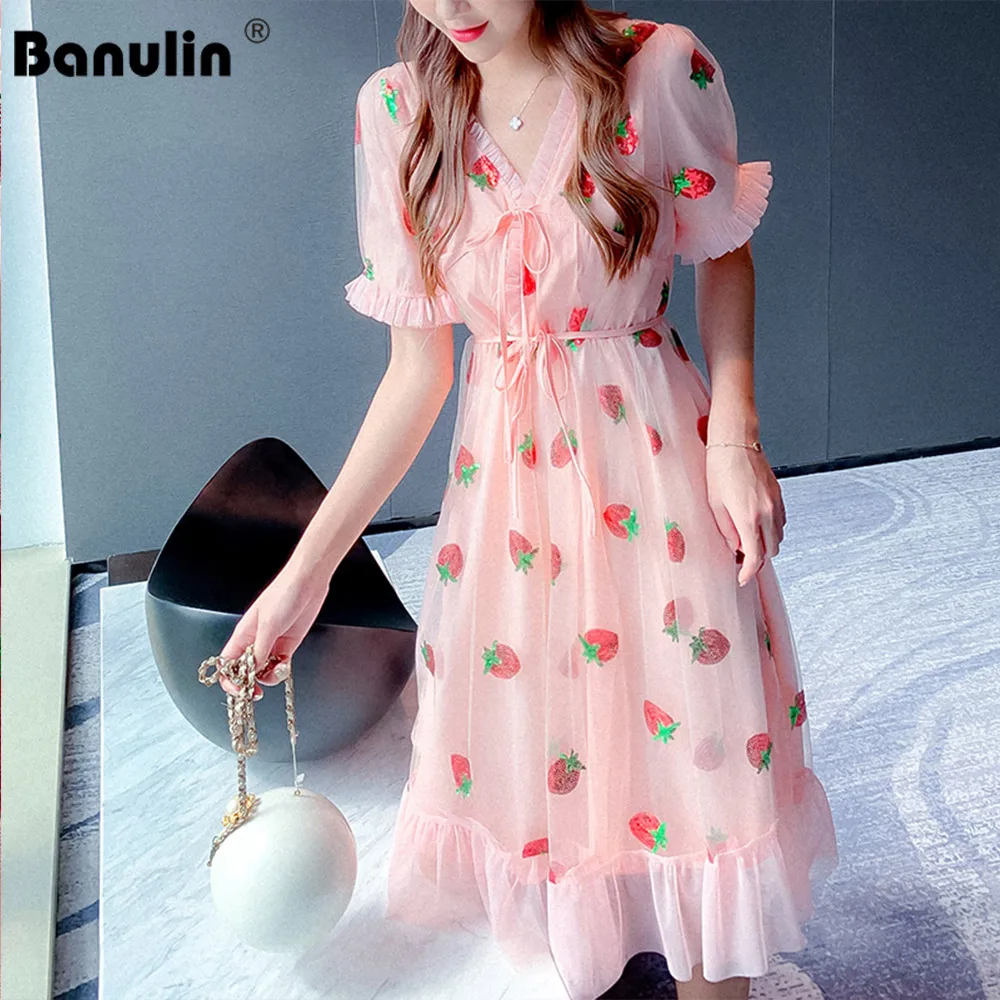 Banulin 2020 New Summer Sweet Strawberry Embroidery Pink Mesh Dress Women's Sexy V-neck Bow Ruffles Mori Girl Tunic Dress Banulin 2020 New Summer Sweet Strawberry Embroidery Pink Mesh Dress Women's Sexy V-neck Bow Ruffles Mori Girl Tunic Dress