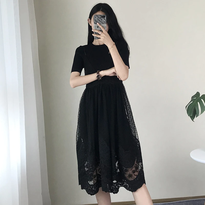 

2 Piece Set Women Suit Flower Embroidery Knittted Sets Elegant Bodycon Summer Mesh Dress Twinset Runway Slim Outfits Office Lady