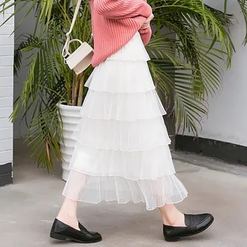 

Skirts Women High Waist Long Sweet Summer Mesh Ruffled Vintage Skirt Princess Tulle Pleated Skirts