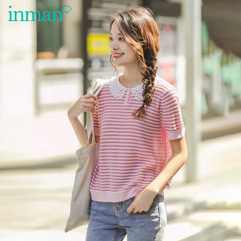 

INMAN 2020 Spring New Arrival Secondary Color Cross Stripe Embroidered Lapel Splicing Short Sleeve Knitwear