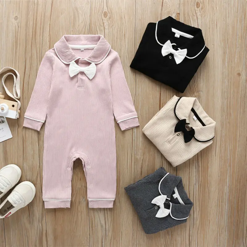 Toddler Romper Baby Girl Clothes Knitted Long Sleeve Bow doll collar Romper Jumpsuit Overall Outfit