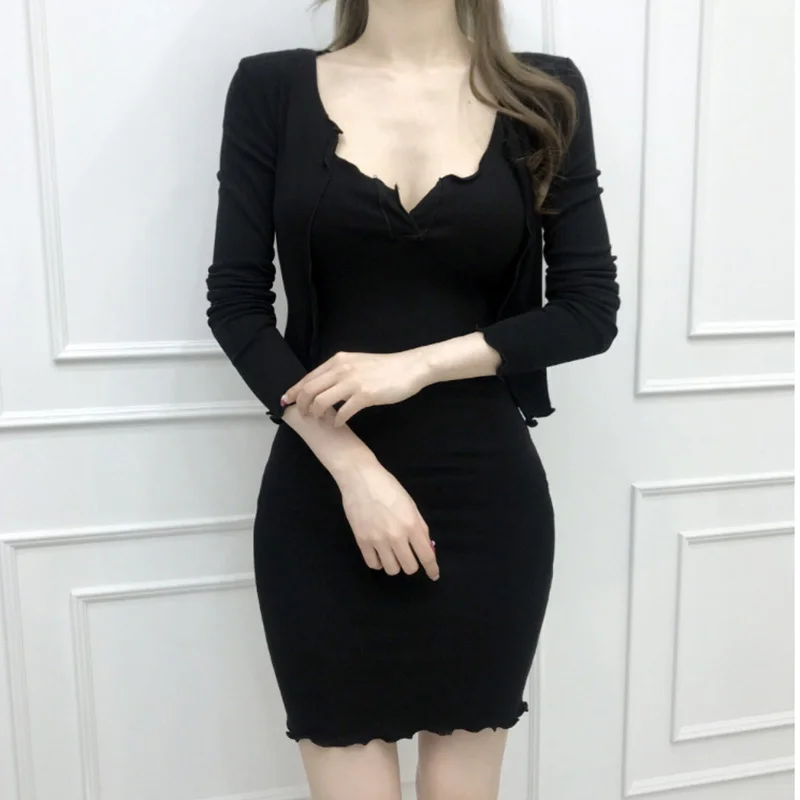 Женский винтажный комплект из 2 предметов черный кардиган и платье без рукавов