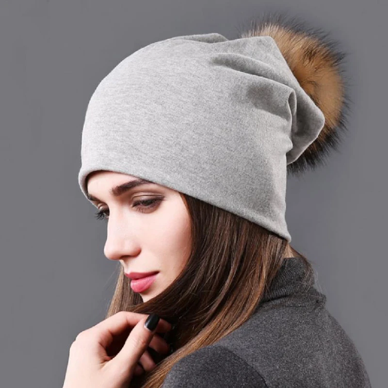 Light grey Зимние женские меховые шапки с помпонами, хлопковые толстые теплые шапочки с подкладкой, модные женские лыжные шапочки с помпонами, Мешковатые Лыжные шапочки больших размеров унисекс - Цвет: Light grey
