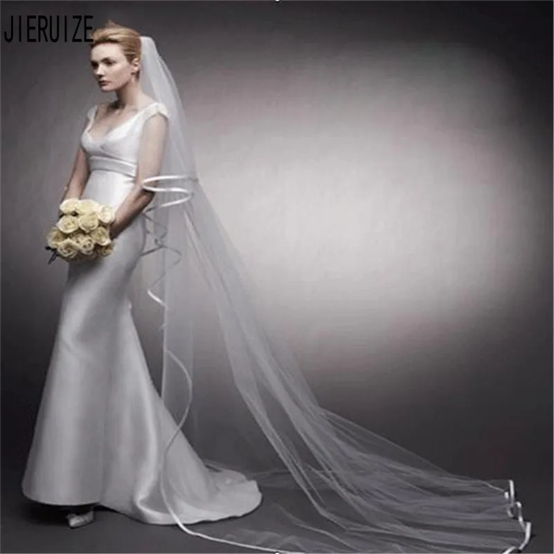 

JIERUIZE Simple cheap Long Wedding Veil Ribbon Edge One layer 2020 Wedding Accessory Bridal Veil Free Shipping