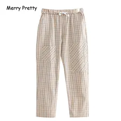 Merry Pretty хлопок женские клетчатые прямые повседневные брюки Карманы Брюки 2019 зима для женщин, с эластичным поясом брюки женские брюки