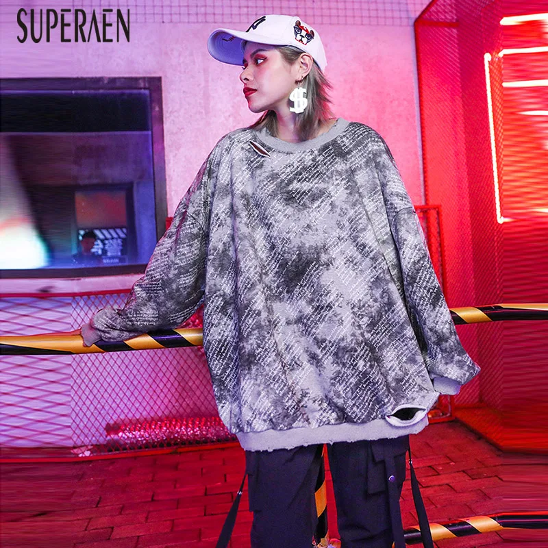 

SuperAen Europe Fashion Hoody Wild Sweatshirts Women Autumn New 2019 Loose Long-sleeved Hole Pluz Size Sweatshirts Female
