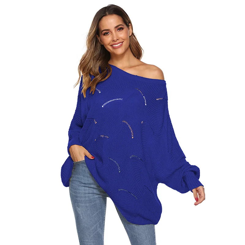 

Fashion New Round Neck Long-sleeved Solid Color Openwork Pattern Sweater Loose Irregular Hem Sweater