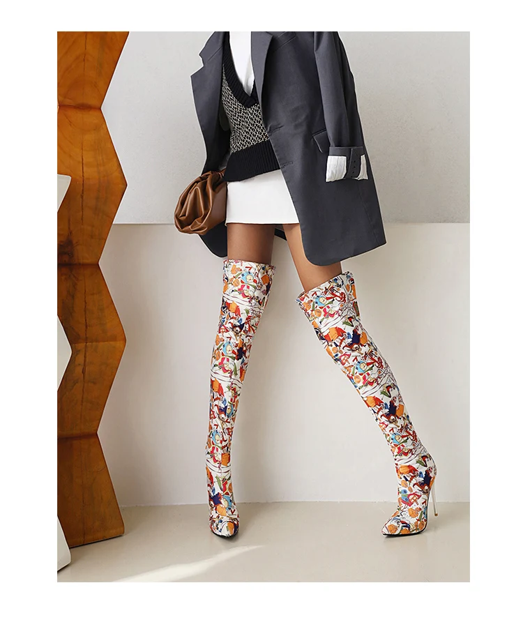 Shiny Fabric Microfiber Leather Sexy Ultra-High Metal Stiletto Heel Women's Over-The-Knee Boot Artistic Graffiti Color Long Boot