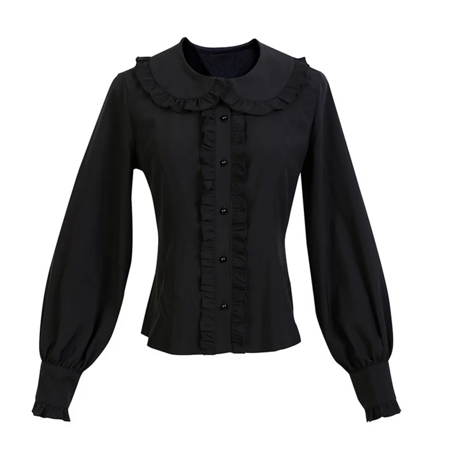 Дизайн; Милая женская блузка с оборками и воротником; рубашка с длинными рукавами; сезон весна-осень; цвет белый и черный - Цвет: Черный