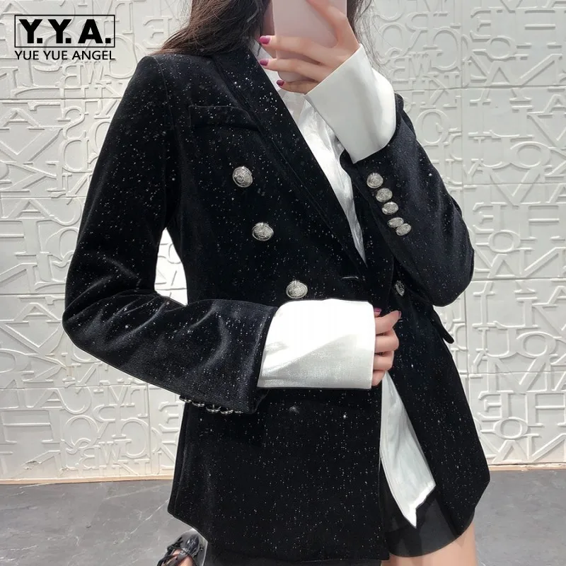 

High Quality Full Body Little Stars Sequin Women Slim Fit Velvet Blazer Double Breasted Shawl Collar Ladies Party Coats Wear