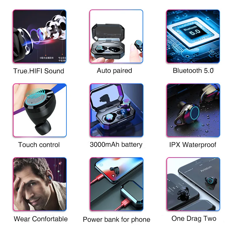 LYMOC G06 Bluetooth Earphones TWS Wireless Earbuds Mic Sports Waterproof Touch Control Headsets with 3300mAh Charging Case
