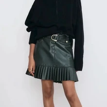 Новинка, Женская плиссированная юбка зеленого цвета из искусственной кожи с завышенной талией, стильная юбка из искусственной кожи с поясом, женские офисные юбки коричневого цвета