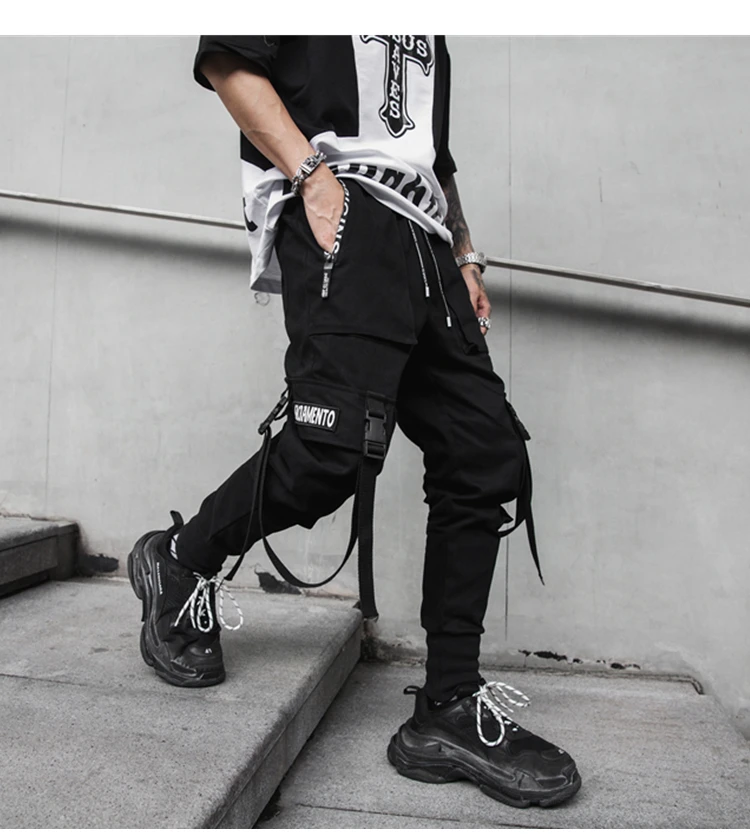 Весна хип-хоп Джоггеры мужские черные шаровары многокарманные ленты мужские спортивные брюки уличная повседневные мужские брюки Trouser брюки