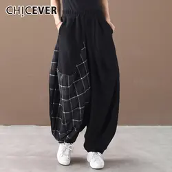CHICEVER корейские Лоскутные клетчатые брюки для женщин средней длины с завышенной талией свободные Необычные трикотажные штаны-шаровары