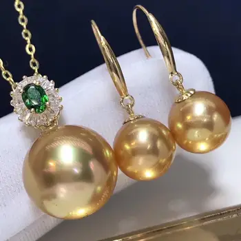 

D123 Fine Jewelry 18K Gold Natural Ocean Sea Golden Pearls 7-12mm Female's Jewelry Sets for Women FIne Jewelry Sets