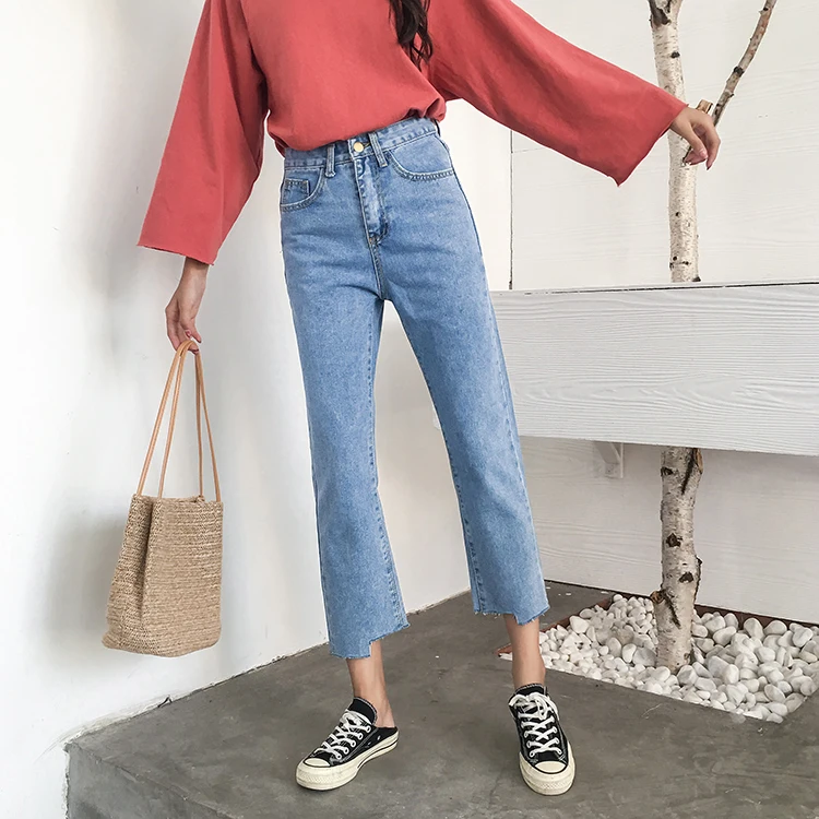 Jeans Women Ulzzang Streetwear Simple All-match Elegant New Trendy Korean Style Loose High Waist Womens Trousers Chic Casual