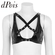 Женский черный мягкий Wetlook Сексуальное белье из искусственной кожи без косточек бюстгальтер без подкладки топ с регулируемыми ремешками с пряжкой Женский бюстгальтер