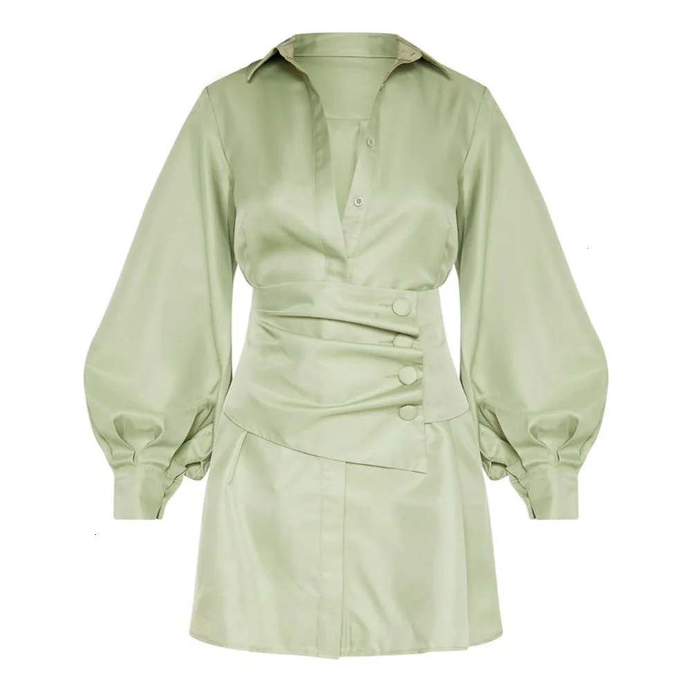 DEAT Весна Длинный фонарь рукав пуговицы V шеи зеленый тонкий короткий Мини платье для женщин MG843