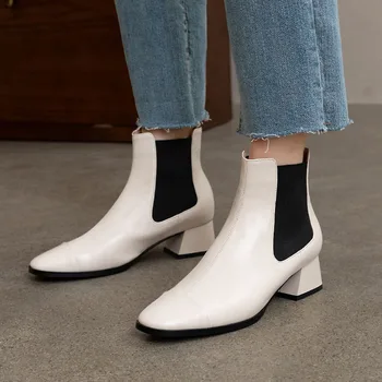 

Women's genuine leather elastic slip-on chelsea boots thick high heel square toe female autumn short booties shoes for women hot