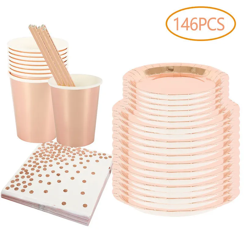 Вечерние одноразовые столовые приборы из розового золота 146 шт. бумажные