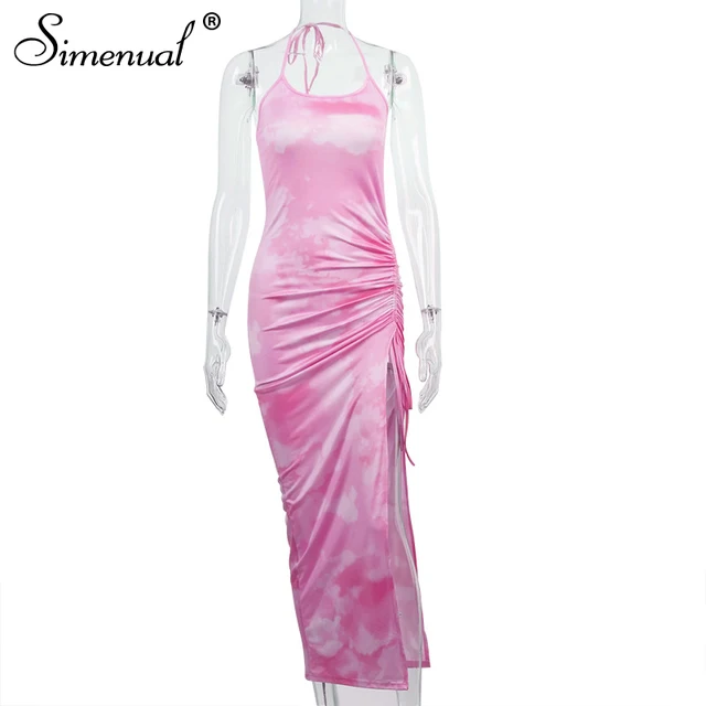Simenual Tie Dye Drawstring Side Slit Women Maxi Dresses Strap Sleeveless Party Club Fashion Slim Backelss Bodycon Halter Dress pink