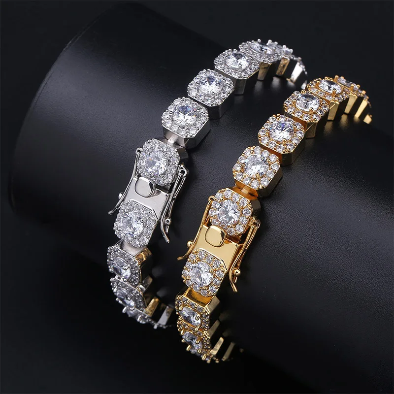

10mm Tennis Bracelet Square AAA+ CZ Stone Men's Hip hop Jewelry Copper Material Gold Silver Iced Out CZ Link 7 8 Inch