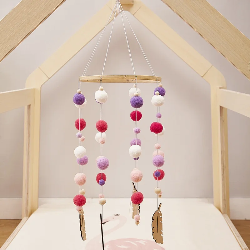 

Nordic Style Hairball Colorful Wind Chimes Lovely Cute Baby Room Round Bed Bell Children Room Hanging Decoration Balls And Leaf