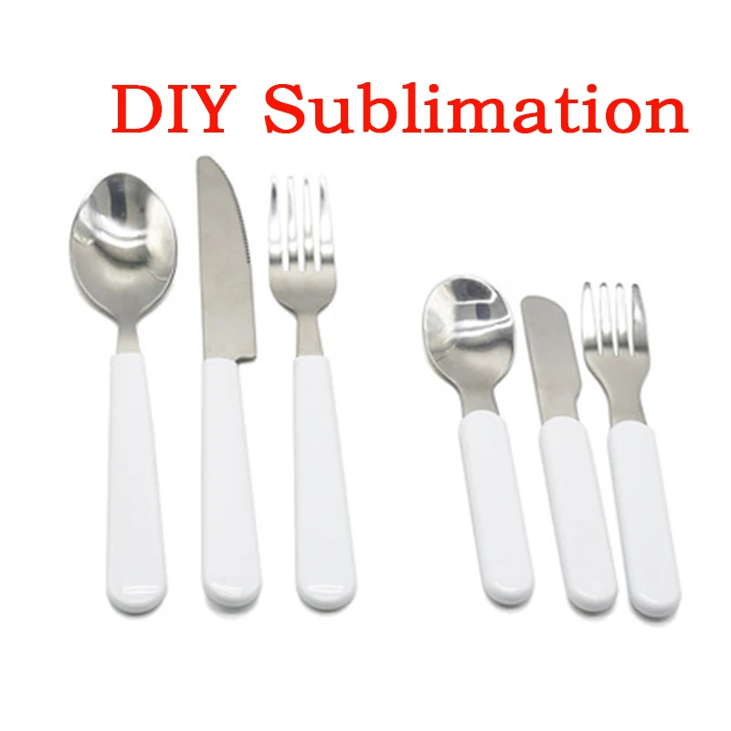 

Sublimation Cutlery White Blank Adults Kids Cutlery Western Tableware Stainless Steel DIY Fork Knife Spoon Portable