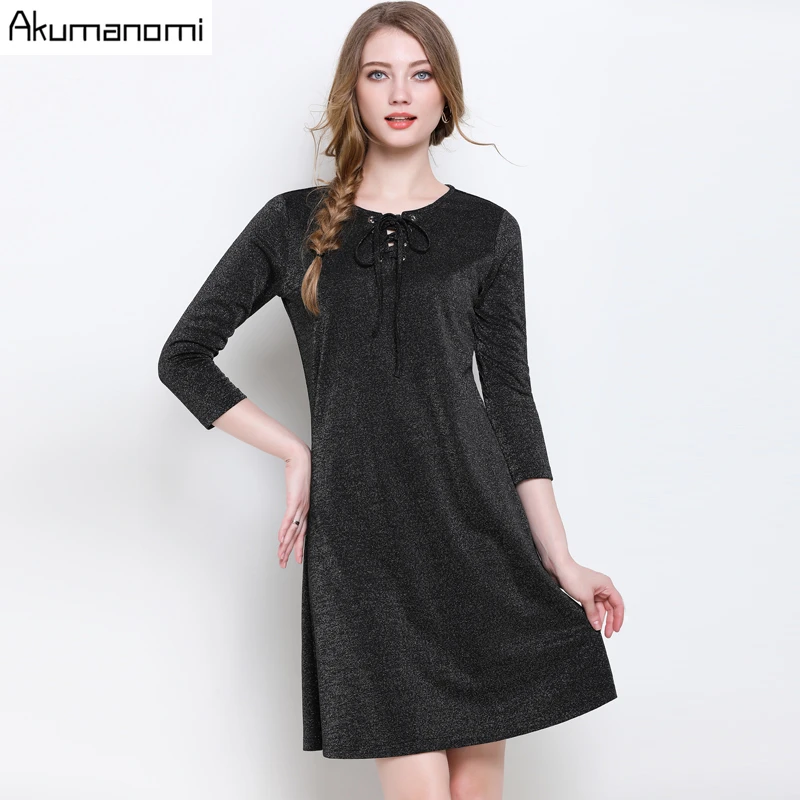 Осеннее женское платье, плюс размер, 5xl, повседневное черное, на шнуровке, с круглым вырезом, с длинным рукавом, весеннее, офисное, вечернее платье, vestidos De платье Летнее Femme