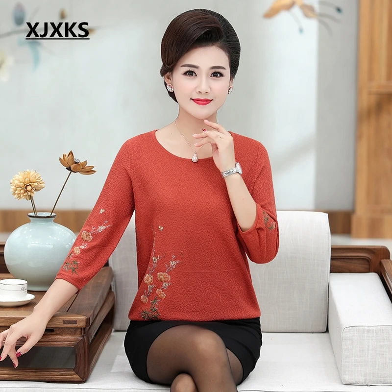 XJXKS Весна женский тонкий свитер пуловер свободный большой размер лен три четверти рукав плюс размер свитер женский топ - Цвет: Brick Red