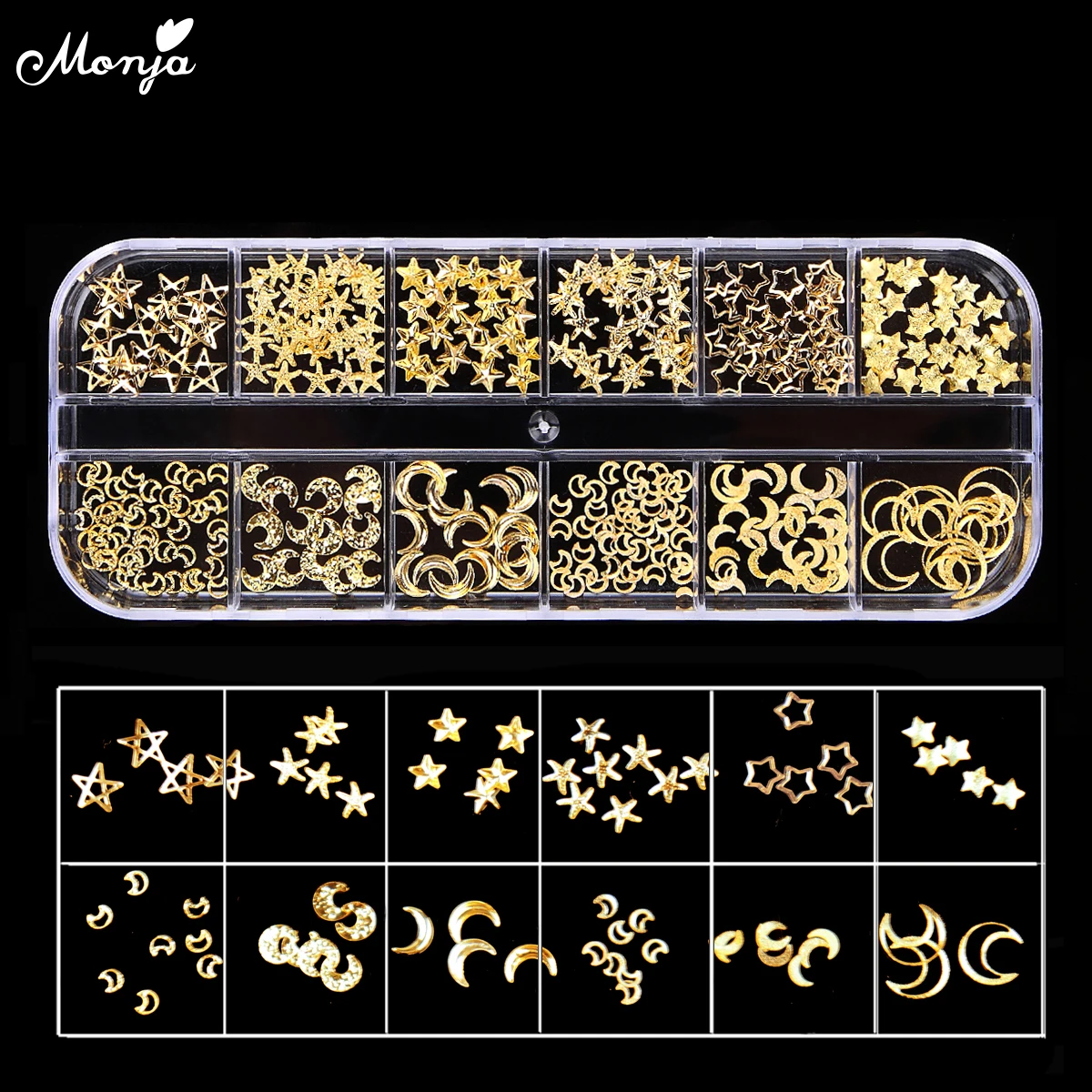 Monja 12 Grid Nail Art Mixed Style Gold Moon Star Metal Decor 3D DIY Charm Rivet Studs Decoration Accessories | Красота и здоровье
