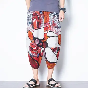 

Men Casual Floral Mid Waist Loose Adjustable Drawstring Calf Length Cotton Linen Bloomers Beach, Haren Pants