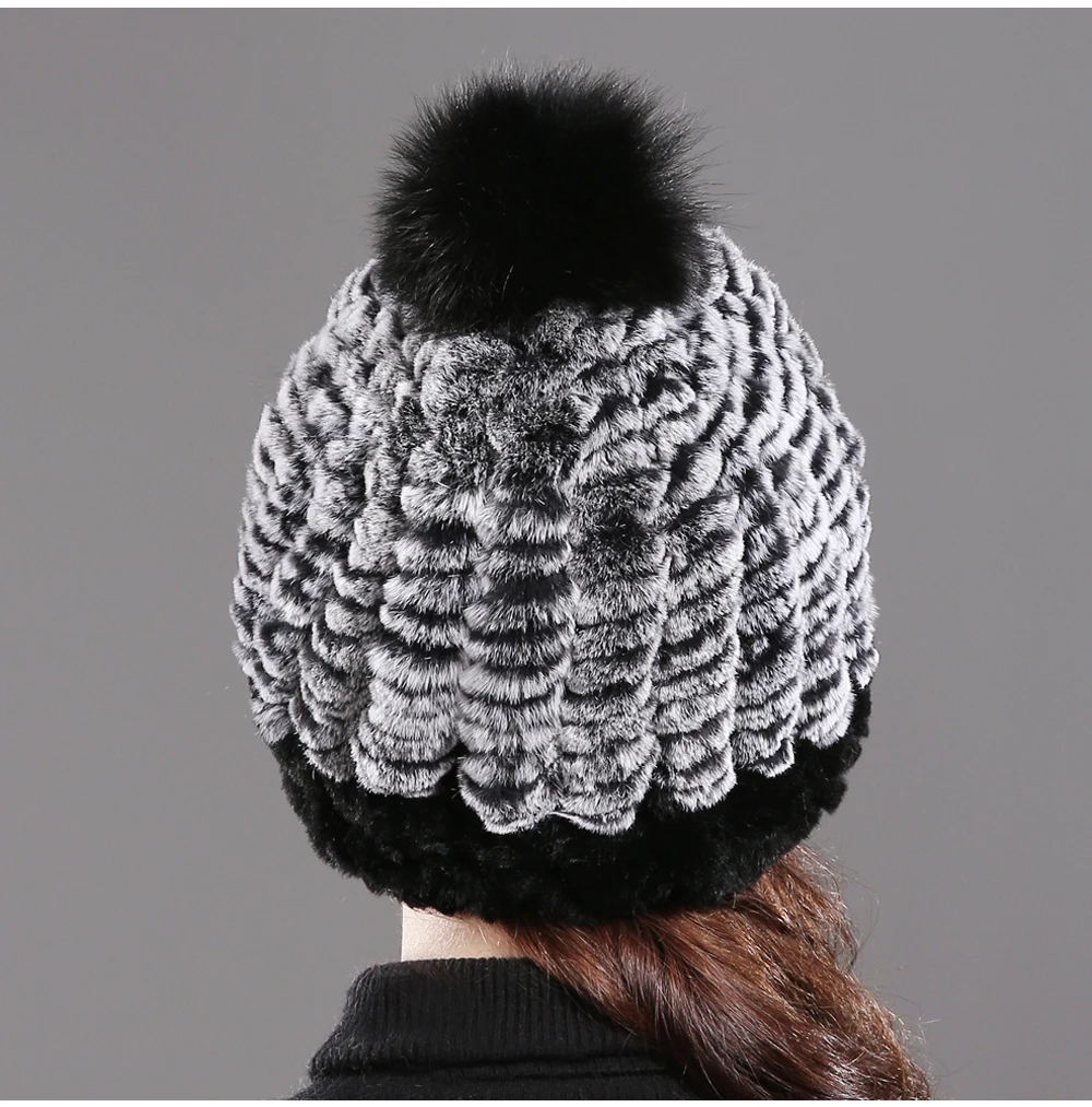 DIY Good Stretch Natural Rex Rabbit Fur Hat Women Winter Warm Knitted Real Rex Rabbit Fur Caps Big Fox Fur Pompoms Beanies Cap