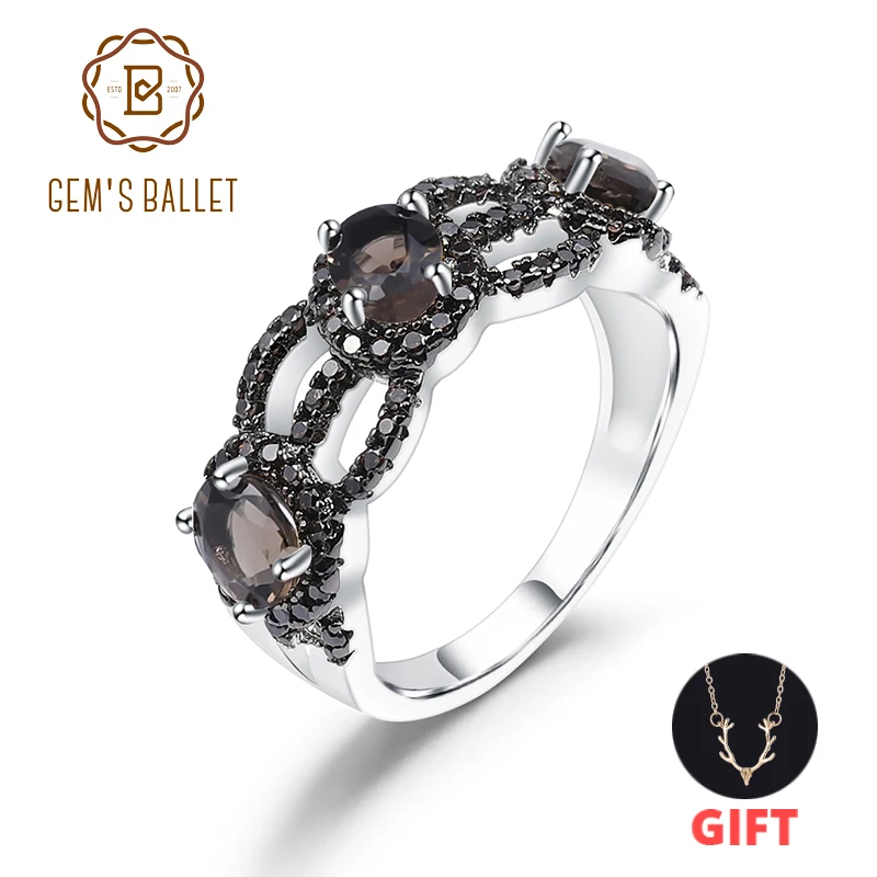 GEM'S BALLET 1.26Ct натуральный дымчатый кварц драгоценный камень кольцо 925 пробы серебряные объятия поцелуев винтажные кольца для женщин хорошее ювелирное изделие