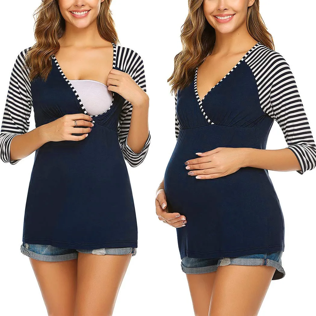 Женская блузка для беременных с рукавом 3/4 полосатая одежда для кормления Футболка женская повседневная одежда для беременных C850