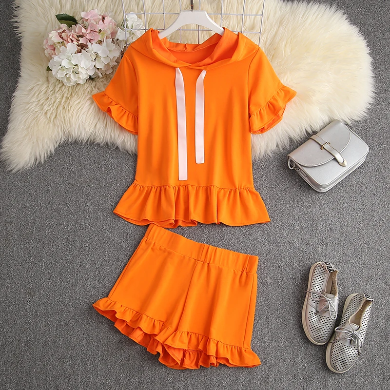 ALPHALMODA 2021 Summer Ribbon Hooded Ribbon Co ord Set Pleated Frill Peplum Hoodie Short Two Piece Set lounge sets for women