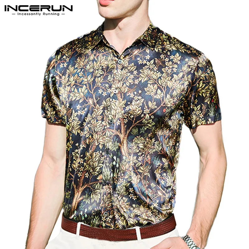 INCERUN Faux Silk Satin Men Shirt Floral Printed Lapel 2020 Short Sleeve Vintage Camisa Masculina Stylish Brand Shirt Men S-5XL INCERUN Faux Silk Satin Men Shirt Floral Printed Lapel 2020 Short Sleeve Vintage Camisa Masculina Stylish Brand Shirt Men S-5XL