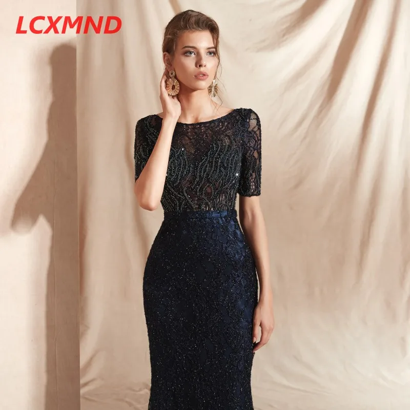 Кружевные вечерние платья с короткими рукавами и вырезами, длинные, Vestido de Festa, Русалка отделка бисером, вечернее платье для выпускного бала, платья