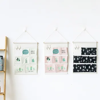 

7 Pockets Wall Hanging Storage Bags Cotton Linen Door Organizer Waterproof Pouch Bedroom Home Wall Decoration Cactus