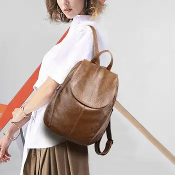 

Shoulder Anti-Theft Backpack Ladies New Pu Leather Waterproof Student School Bag Korean Casual Wild Fashion Simple Soft Leather