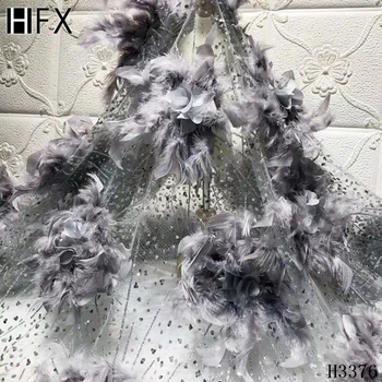 

HFX French lace fabric 2020 3D flower lace fabric African tulle fabric embroidery lace with feather for grey wedding dress F3376