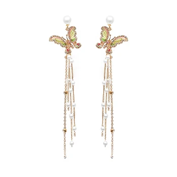 

Retro Butterfly Imitation Pearl Earrings Fashion Colorful Flower Tassel Long Statement Wings Earrings Girls Jewelry