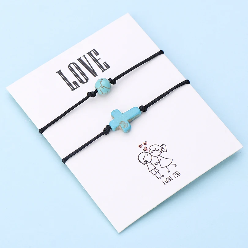 IYOE 2 шт./компл. Wish Card любовь ручной плетеный браслет для пары для женщин и мужчин Красная Нить круглые бусины Крест Шарм браслет подарок любителю - Окраска металла: color 1